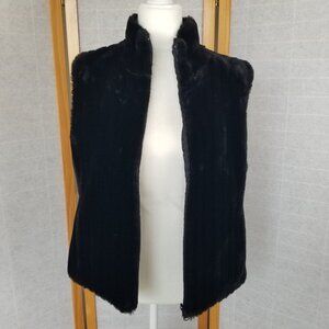 1980s Express Black Faux Fur Vest Coat Zip Up Reversible to Satin Size Medium